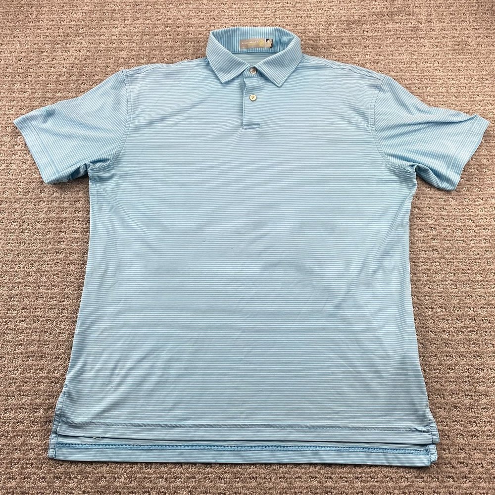 Peter Millar Golf Shirt Men Medium M Blue White Striped Polo CIVEO Company Logo